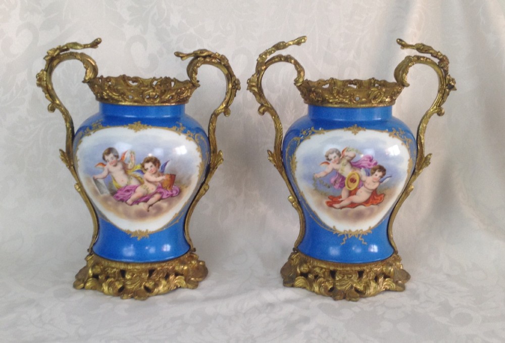 Pair Large 19thC French Sevres Style Ormolu Mounted Porcelain Vases Celeste Bleu Painted Putti & Flowers
