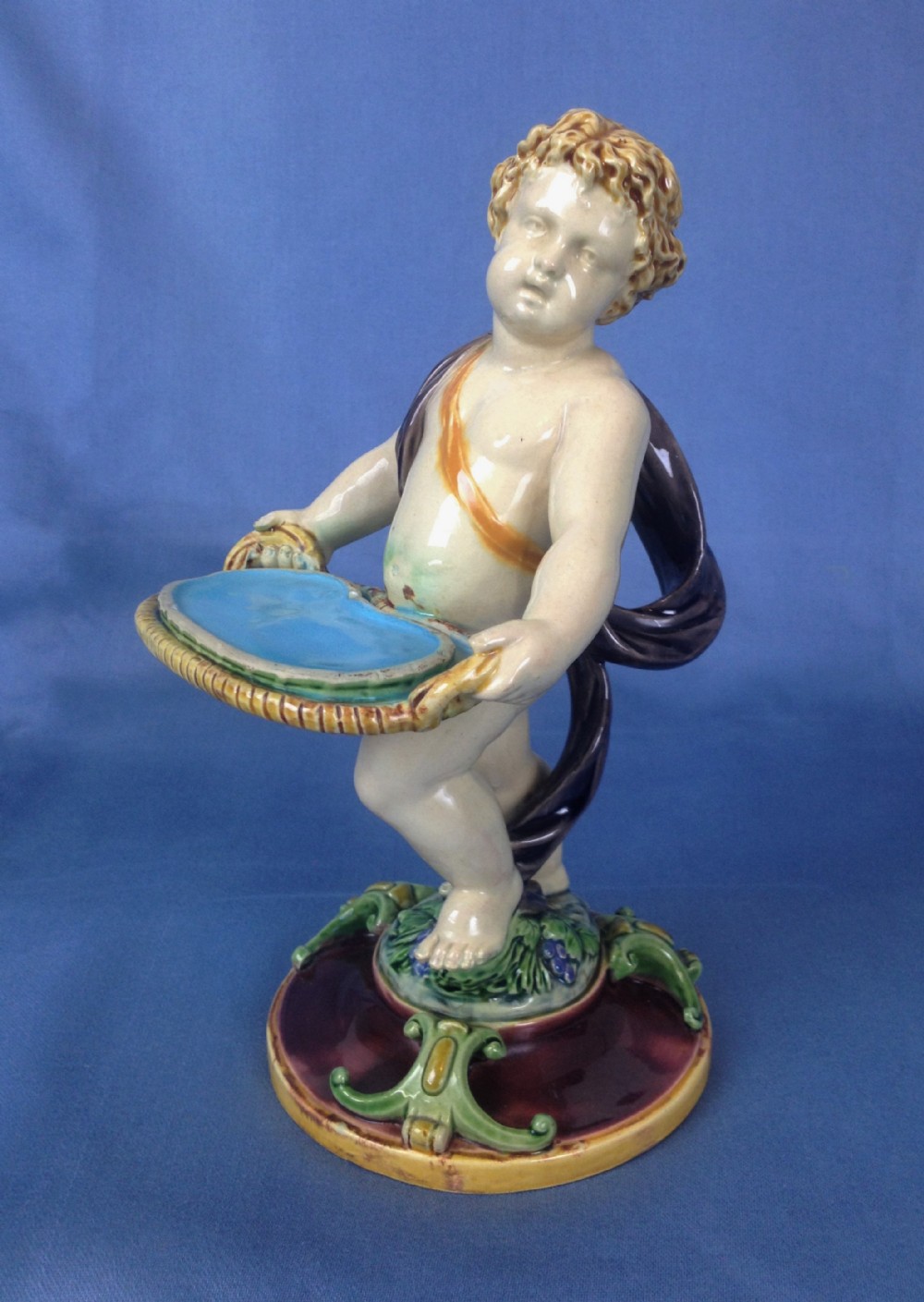 Victorian Minton Majolica Cherub Putti Visiting Card Holder Tray Figure 