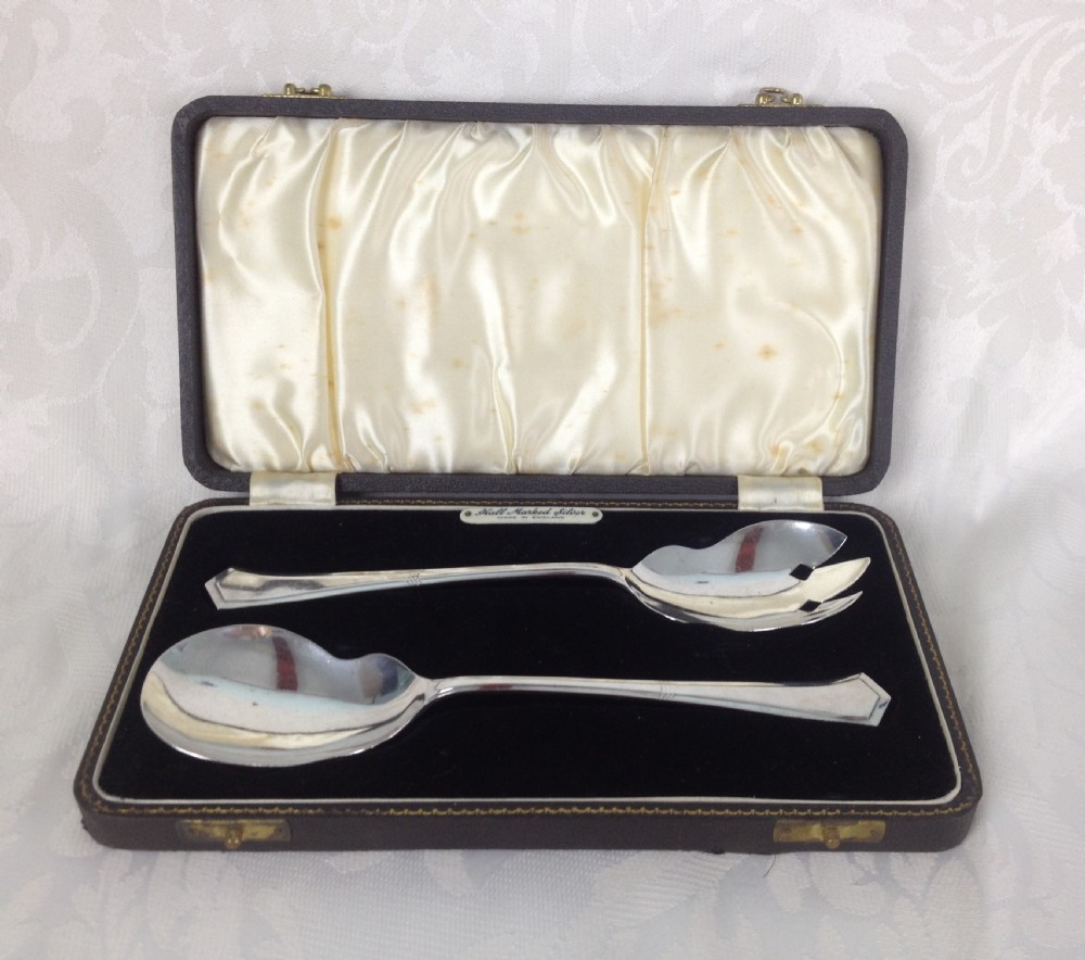 Art Deco Solid Silver Salad Servers Cased Sheffield Hallmarked 1939
