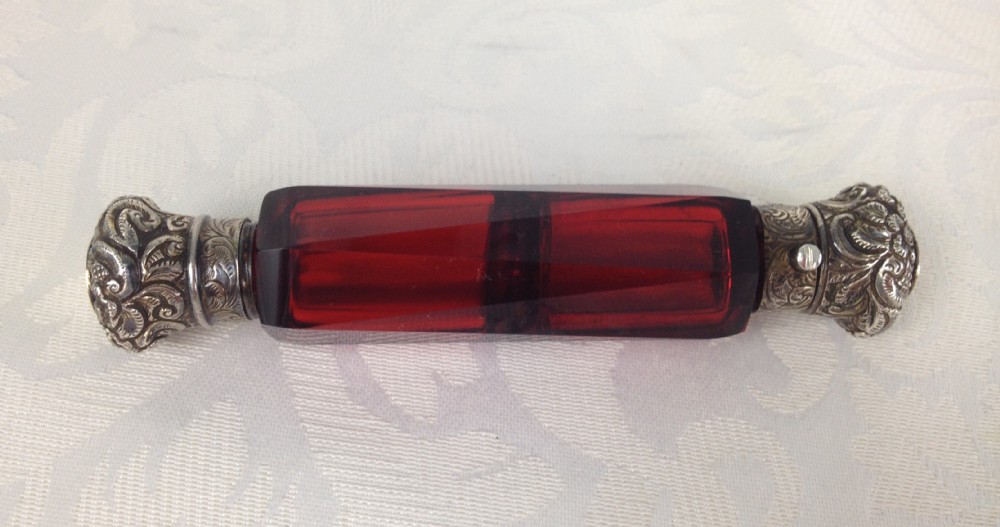 Victorian Ruby Glass Unusual Triangular Facet Cut Double End Perfume Scent Bottle Engraved Silver Caps c.1880