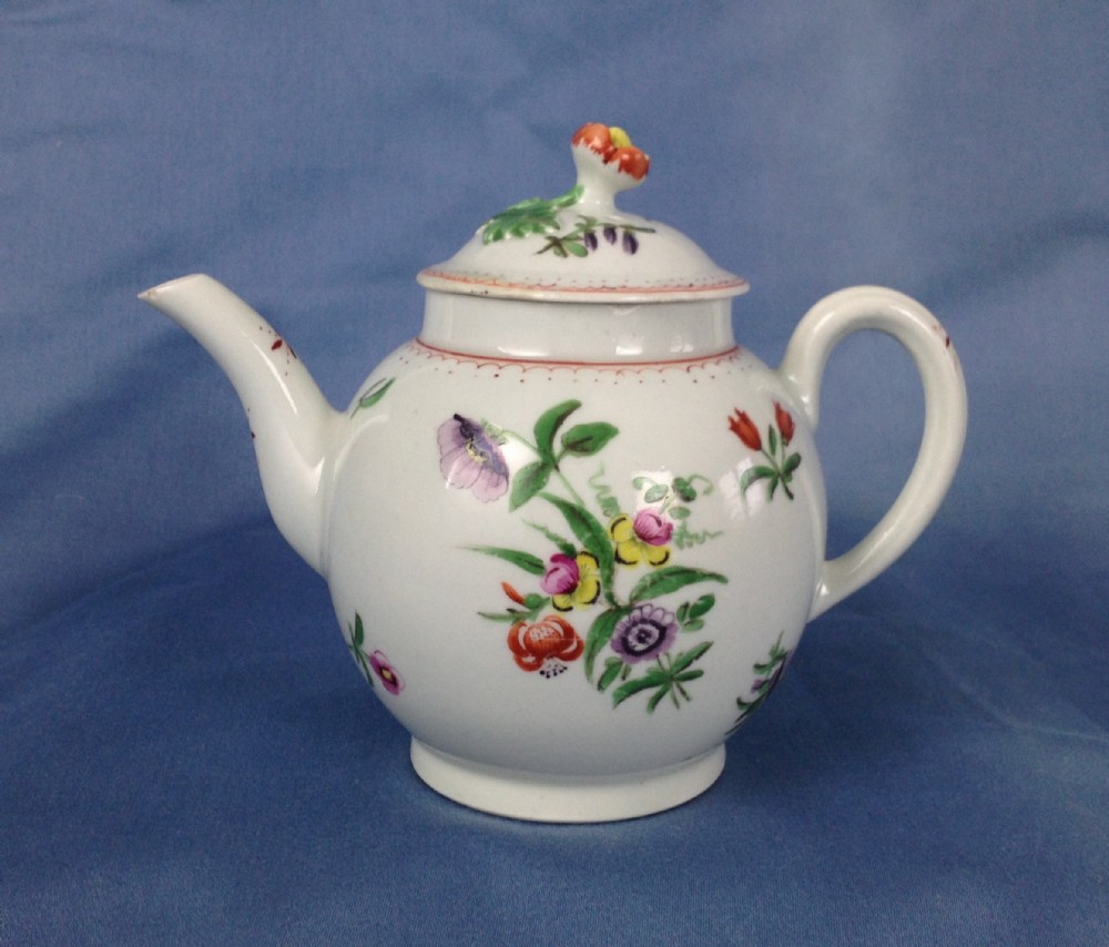 Early First Period Worcester Globular Tea Pot Coloured Enamels Floral Pattern Flower Knop c.1770