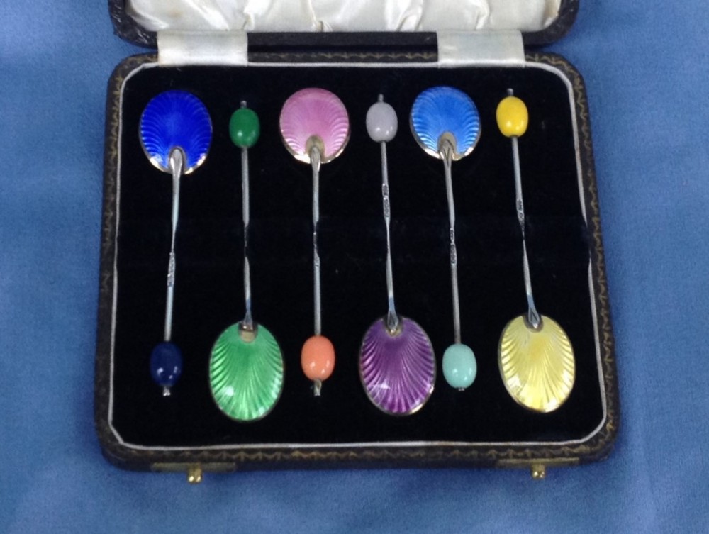 Set Of 6 Art Deco Silver & Basse Taille Enamel Coffee Spoons Rainbow Colours Coffee Bean Handles Teaspoons