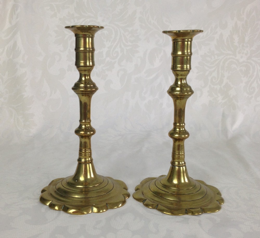 Mid 18th Century Pair Of Cast Brass Candlesticks Multi Knopped Stem Petal Base & Sconce Georgian
