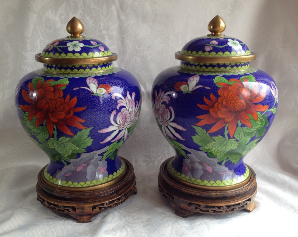 Large Mirror Pair Of Chinese Cloisonne Vases c.1900 Chrysanthemums Wooden Bases Blue Ground