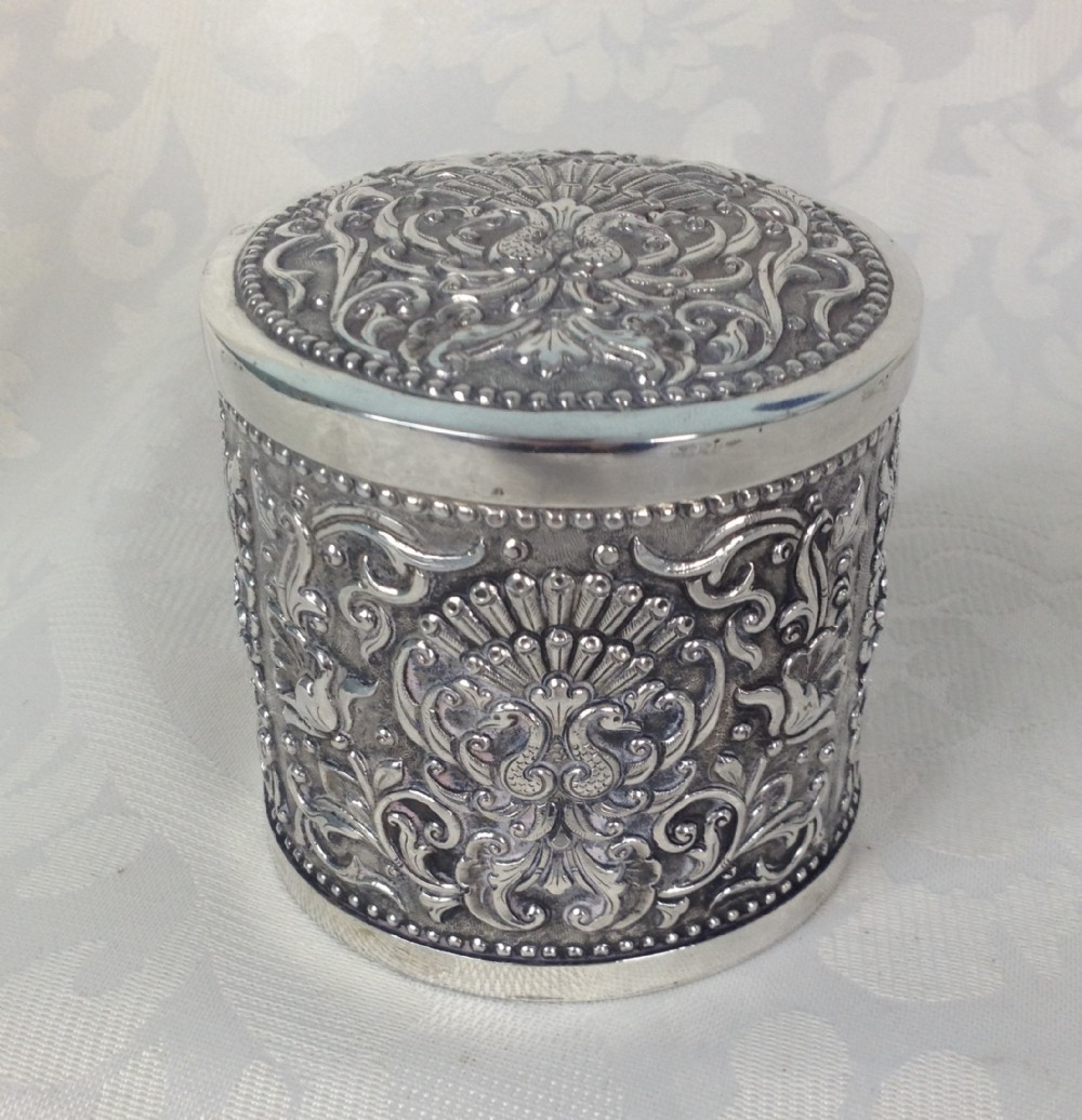 Art Deco Yogya Colonial Silver Tea Caddy Repousse Decoration Javanese Lidded Tobacco Pot Box Jar Peacocks