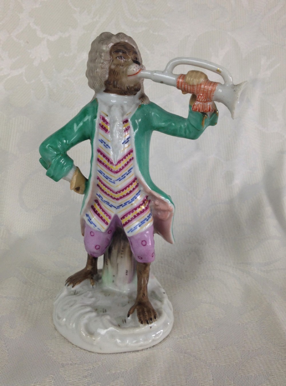 Charming Late C19th German Carl Schneider Volkstedt Monkey Band Figure Trumpeter Figurine After Meissen Player