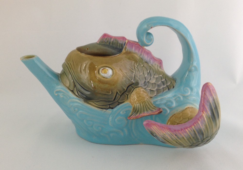 Rare Victorian Majolica Brownfield Teapot Fish Leaping from Sea