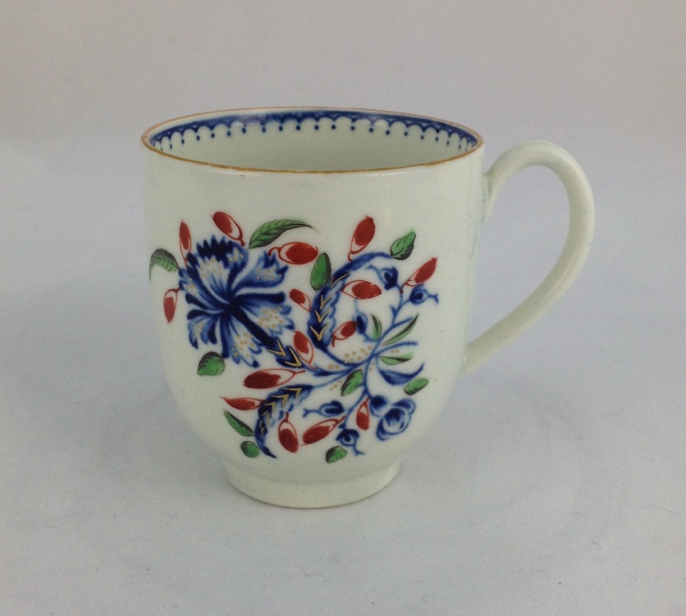 Early First Period Worcester Coffee Cup Underglaze Blue & Polychrome Enamel Floral Decoration c.1765 W Mark