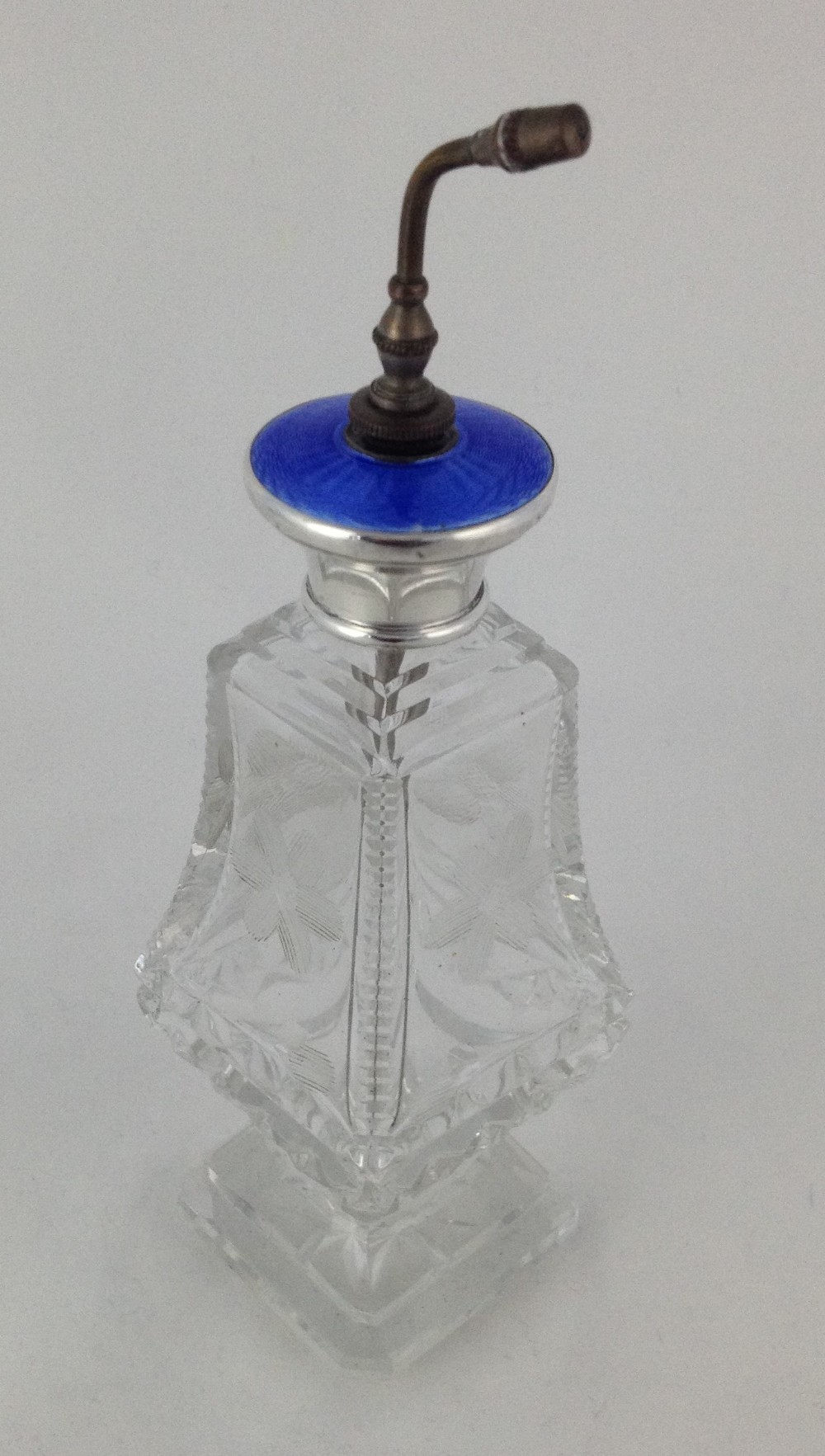Large Silver Guilloche Enamel Cut Glass Atomizer Scent Bottle Edwardian American Sterling Etched Flowers Blue