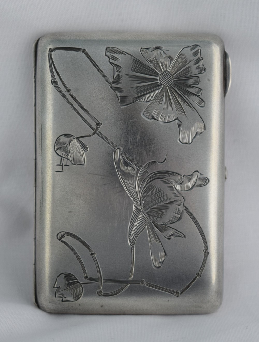 Art Nouveau Russian Silver Cigarette Case Moscow 1899-1908 Engraved Flowers BC Maker