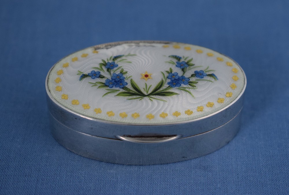 Pretty Silver & Guilloche Enamel Snuff Box Chester 1910 Saunders & Shepherd Painted Flowers Forget-Me-Nots Edwardian