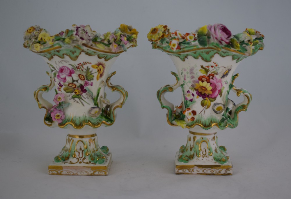 Pair Small Coalport Flower Encrusted Vases Coalbrookedale Style c.1835