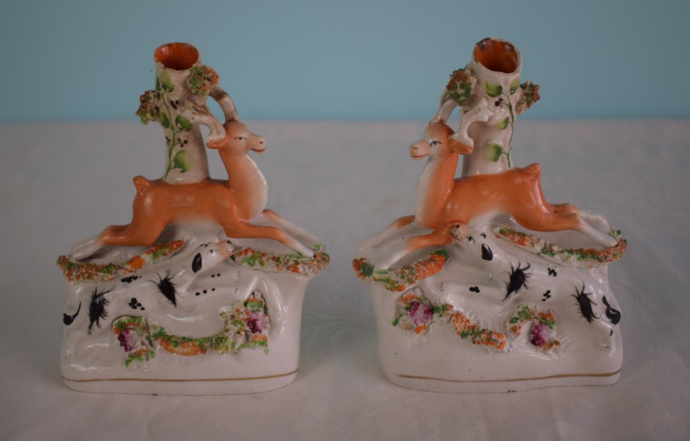 Pair Victorian Staffordshire Spill Holders Stag & Hound Hunting Scene Flatback c.1860