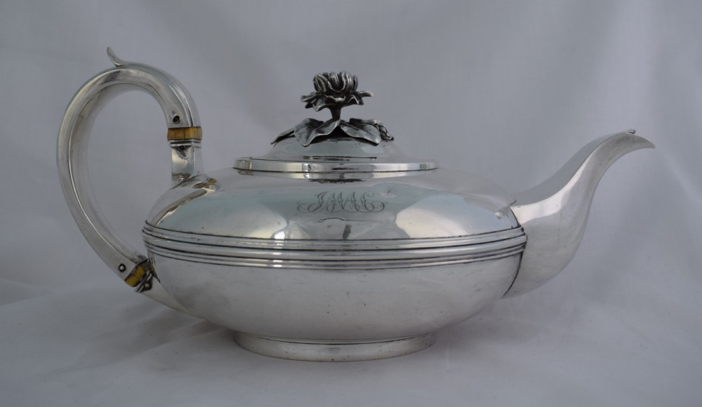 George IV Silver Moon Teapot Waterlily Finial London 1828 Edward, Edward Jr, John & William Barnard The Barnards Antique Georgian