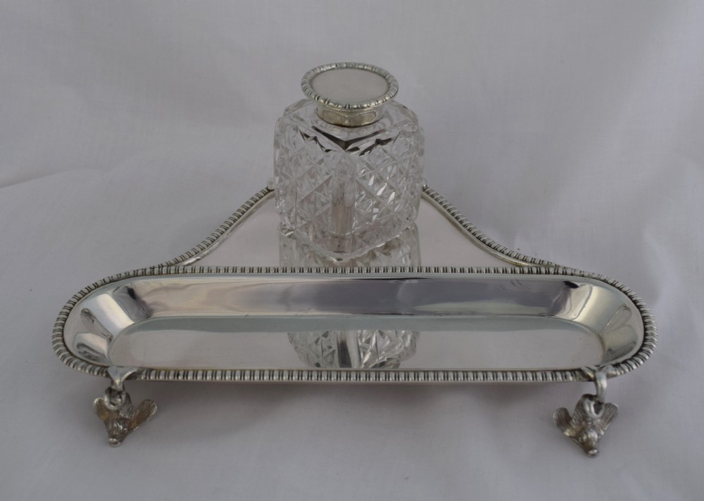Edwardian Silver Inkstand Dolphin Feet Cut Glass Peter Henderson Deere London 1909 Antique Sterling