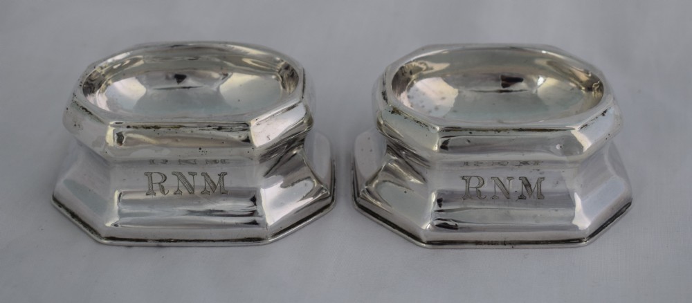 Pair George I 1719 Silver Trencher Salts Britannia Standard James Rood Octagonal Form Antique Georgian