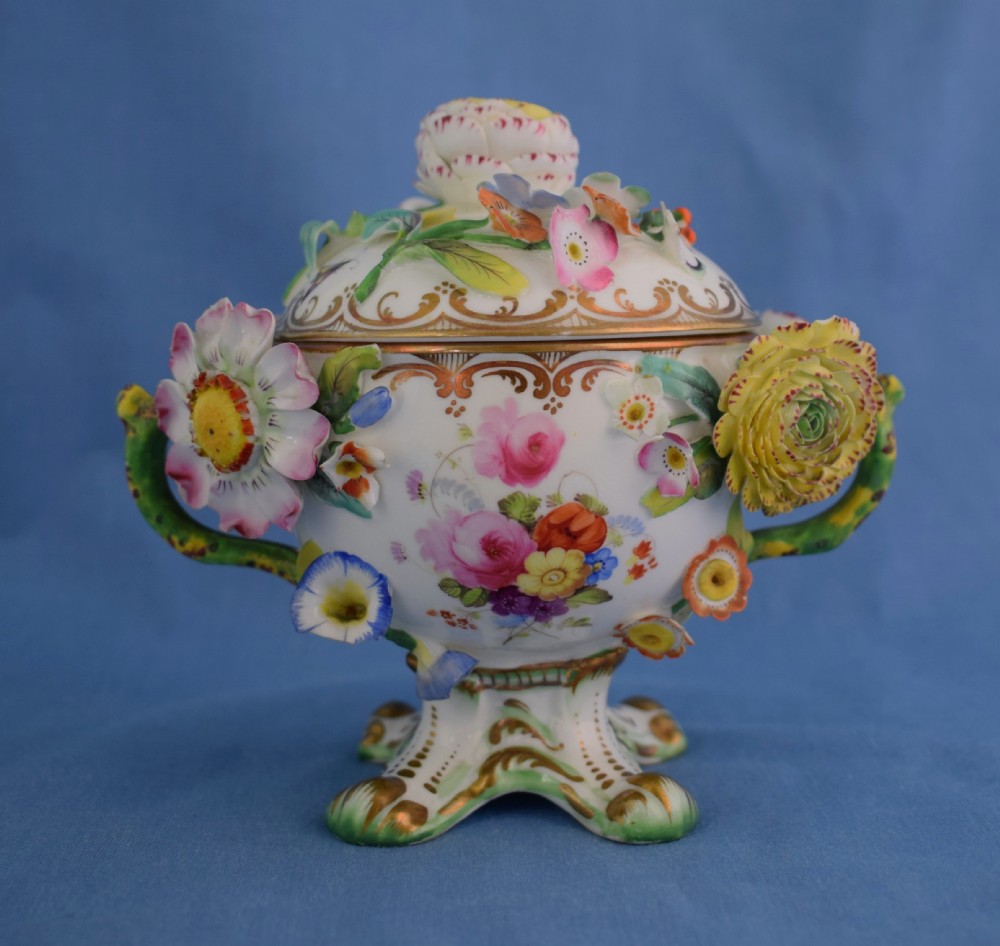 Pretty Spode Flower Encrusted Lidded Chocolate Cup & Cover Ornamental Regency c.1830 Twin Handled Insects Porcelain
