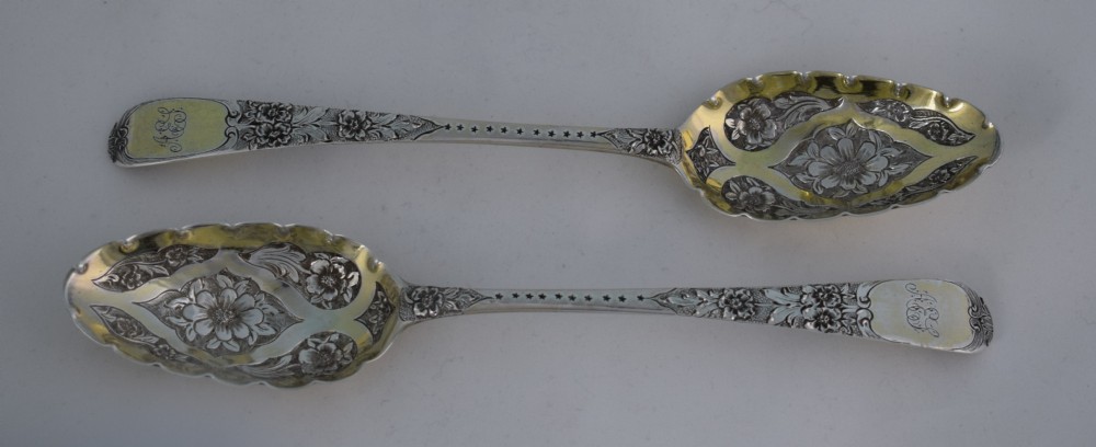 George III Pair Silver Gilt Berry Spoons 1784 London George Smith III Georgian Embossed & Engraved 18thC 