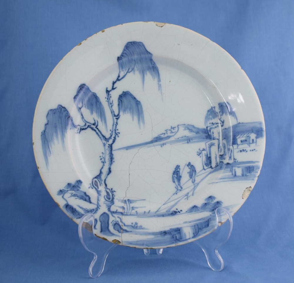 Early 18th Century Dutch Delft Plate Chinoiserie Scene Fisherman Chinese 