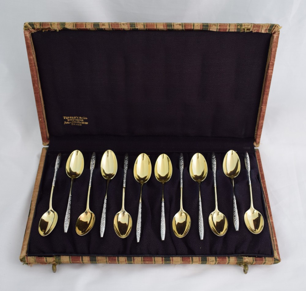 Stunning Cased Set 12 Tiffany & Co. Art Nouveau Silver Gilt Coffee Spoons Demi Tasse