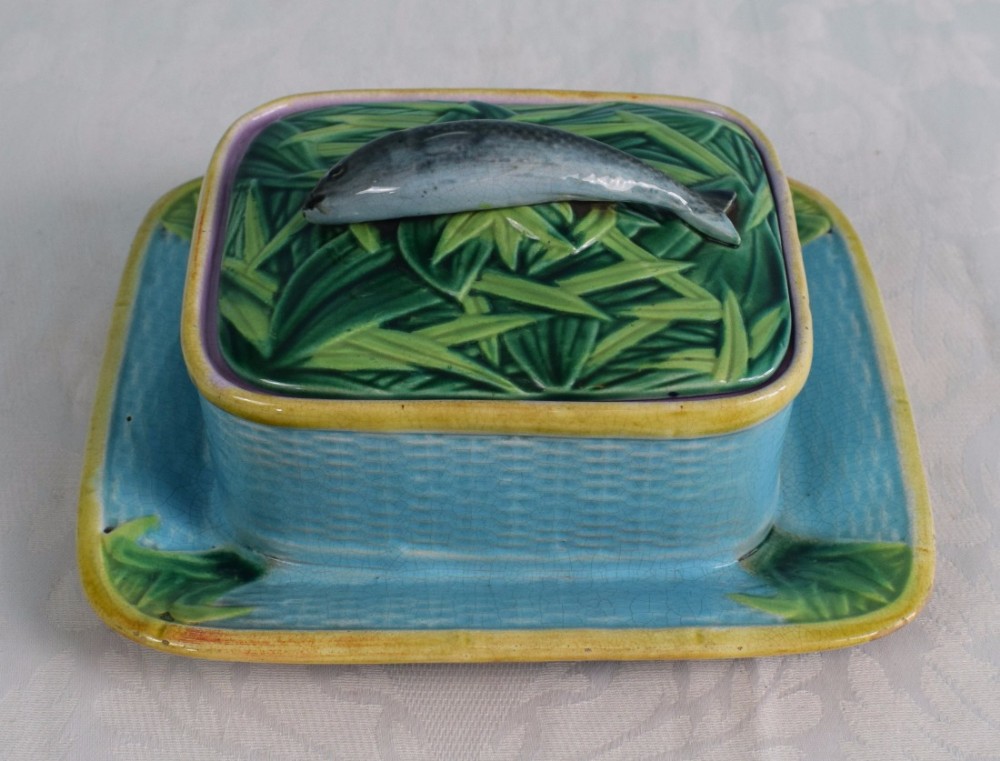 Fabulous George Jones Majolica Sardine Box & Cover Turquoise Ground Pink Interior Victorian 