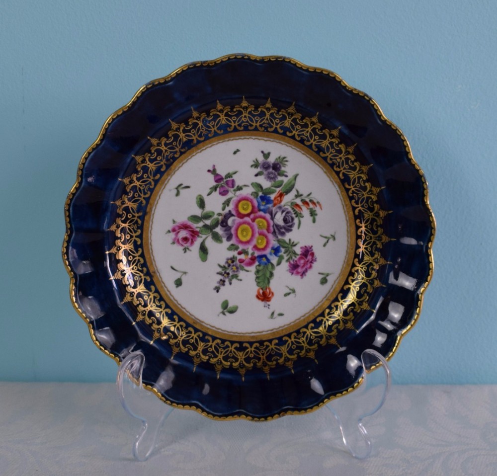 Worcester First Period Dessert Plate Mazarine Blue Polychrome Enamels c.1770