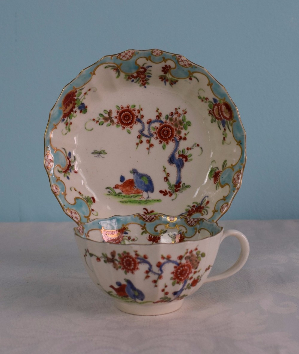 Worcester First Period Cup & Saucer 2 Quail Pattern c.1760 Fluted Kakiemon Palette Dr Wall Two Early Imari