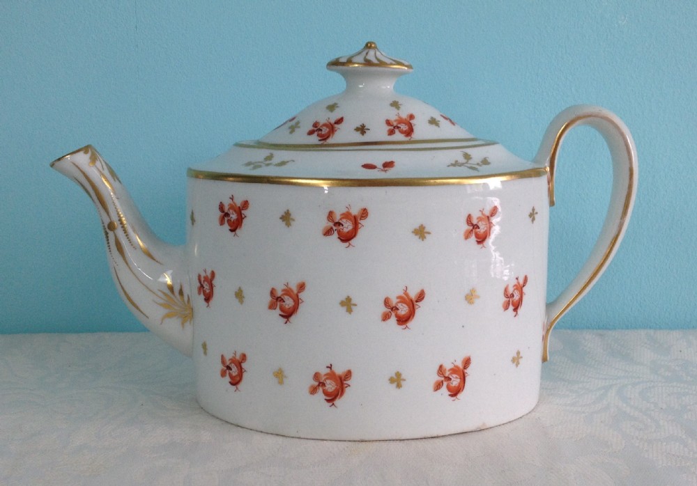 Large Georgian New Hall Teapot Old Oval Shape Pattern 546 Orange Roses Porcelain