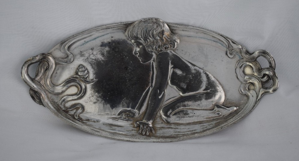 Art Nouveau WMF Silver Plated Card Tray Kneeling Child & Snail 210 c.1905