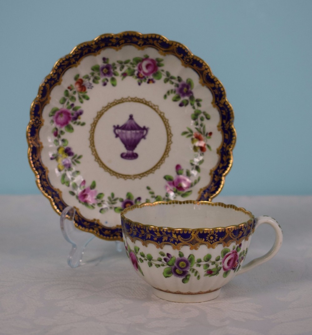 Stunning Worcester 1st Period Fluted Cup & Saucer c.1770 Polychrome Enamels Floral Frieze Urn Cobalt Blue