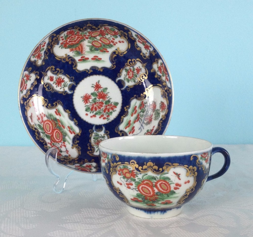 Dr Wall Worcester Blue Scale Cup & Saucer Flowers Kakiemon c. 1770 First Period