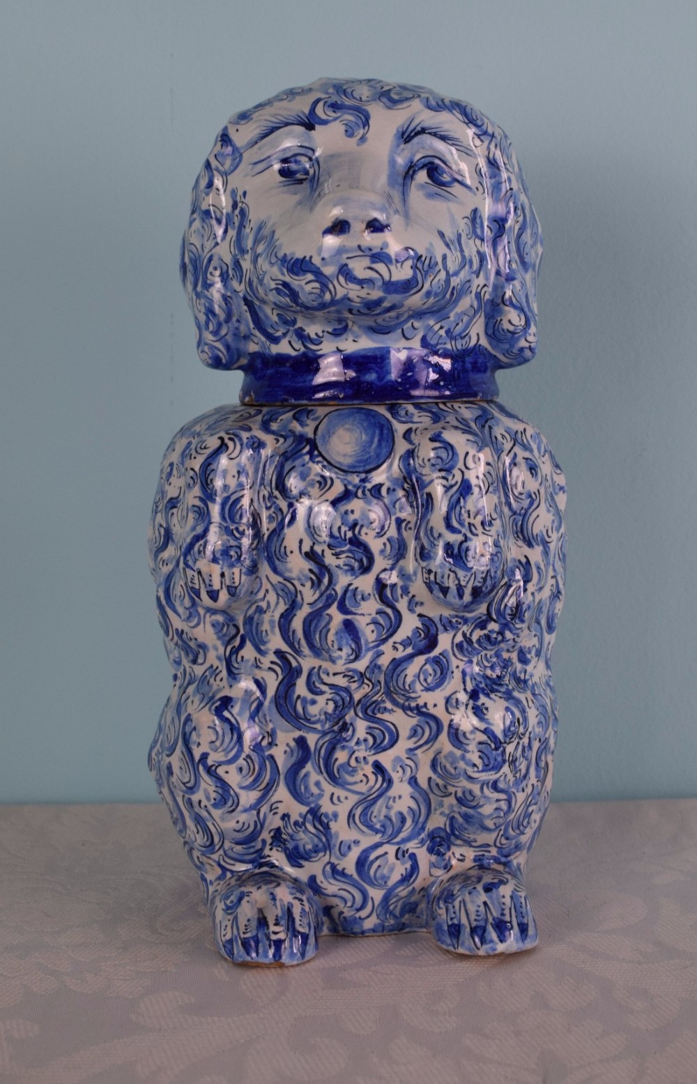 Charming 19thC French Faience Poodle Tobacco Jar Humidor Delft Blue Pottery Tin Glazed Dog