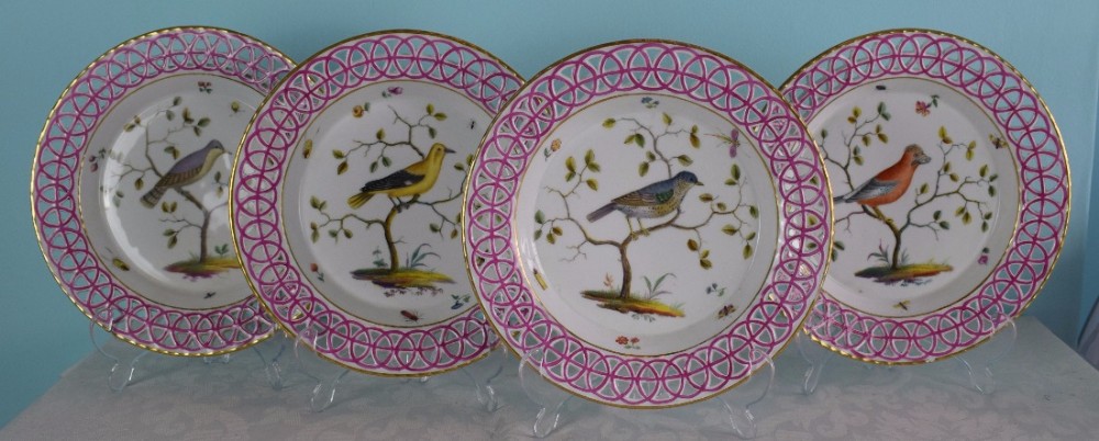Rare Set 4 18thC Limbach Ornithological Bird Dessert Plates Reticulated Pink Rim c.1772-1787 Thuringia 