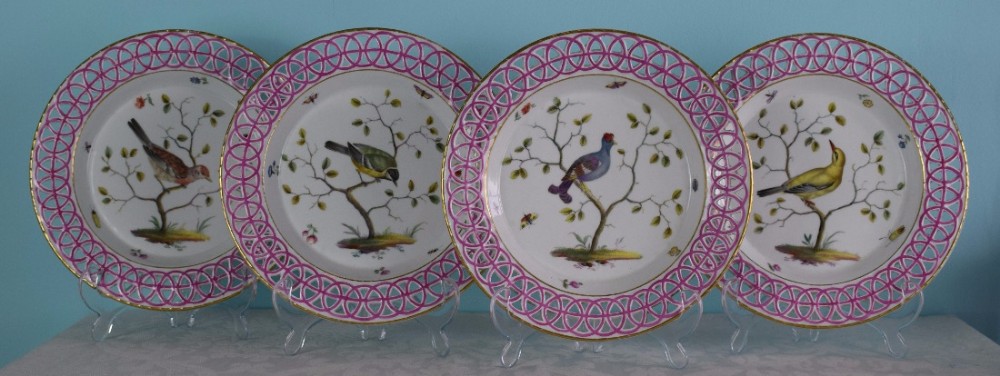 Rare Set 4 18thC Limbach Ornithological Bird Dessert Plates Reticulated Pink Rim c.1772-1787 Thuringia 