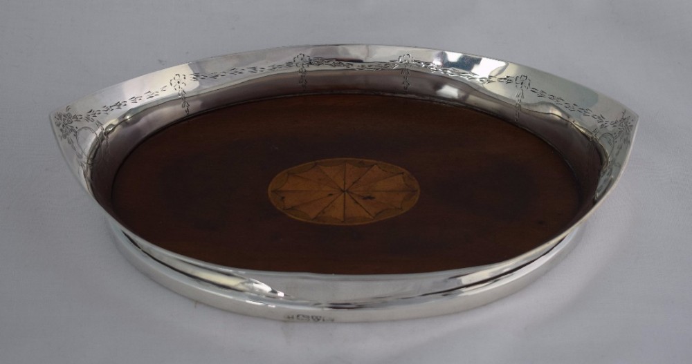 Unusual Silver Mounted Mahogany Card Tray Nathan & Hayes Trinket Dish George V Navette