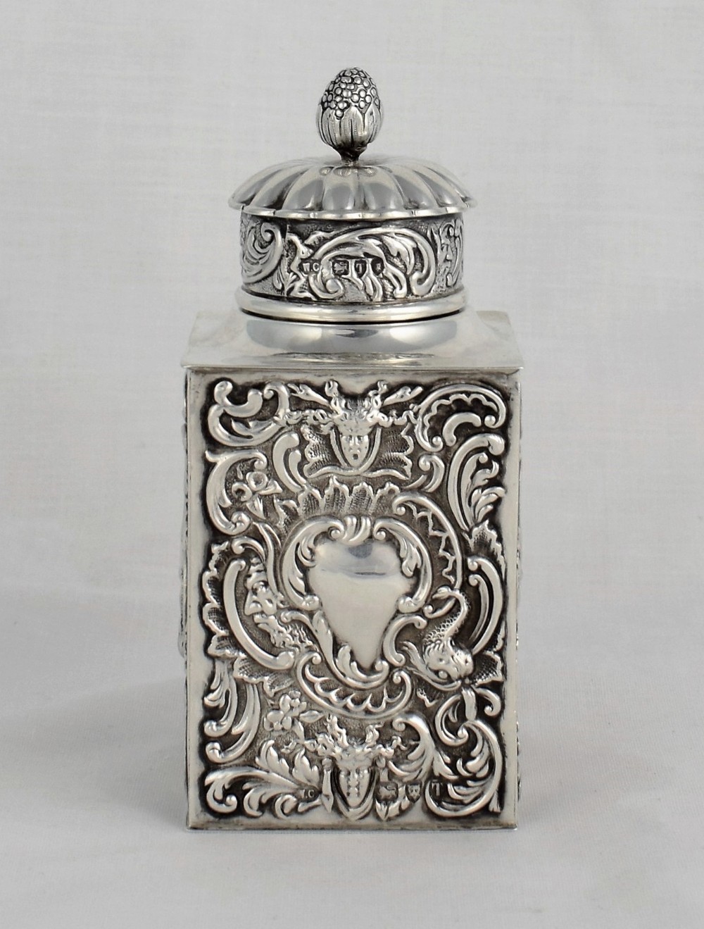 Victorian Silver Square Tea Canister William Comyns Embossed Green Man Art Nouveau Caddy