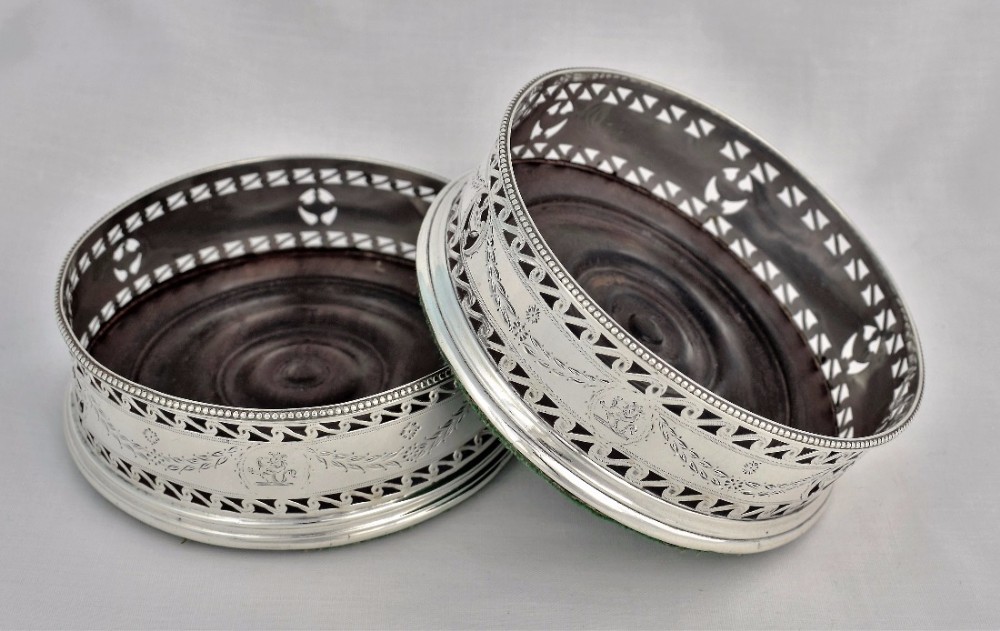 Pair George III Pierced Silver Wine Coasters Turned Mahogany Georgian Bottle