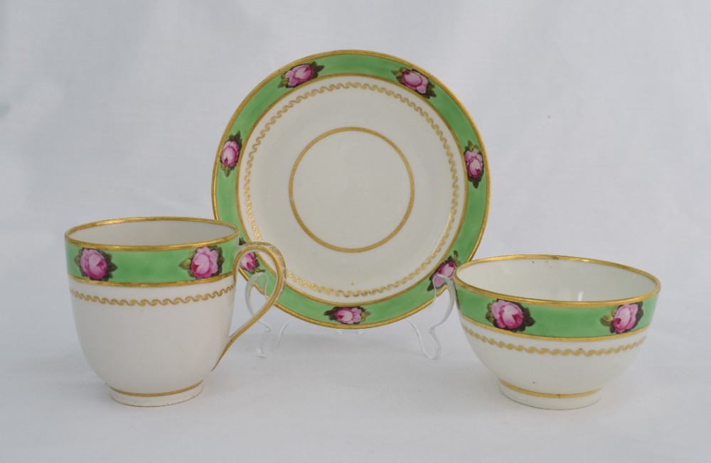 18th Century Derby Porcelain Apple Green Trio Billingsley Roses Pattern 373