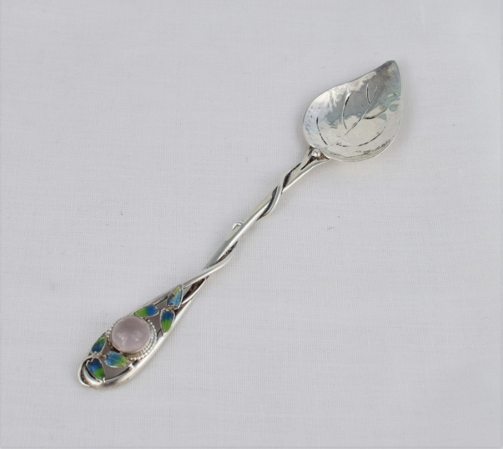Stunning Charles Horner Silver Enamel & Rock Crystal Leaf Teaspoon Arts & Crafts Style 1928 Nouveau