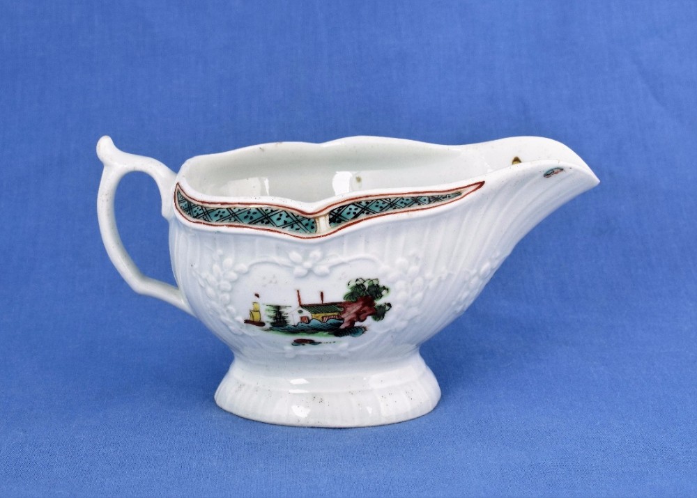 First Period Worcester Small Polychrome Sauceboat c.1756 Cream Boat Chinese Scenes