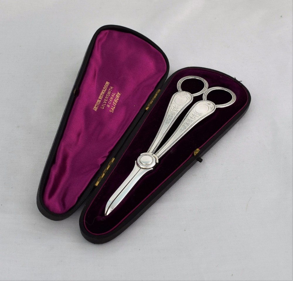 Pretty Cased Victorian Silver Grape Shears Scissors Martin, Hall & Co. Sheffield