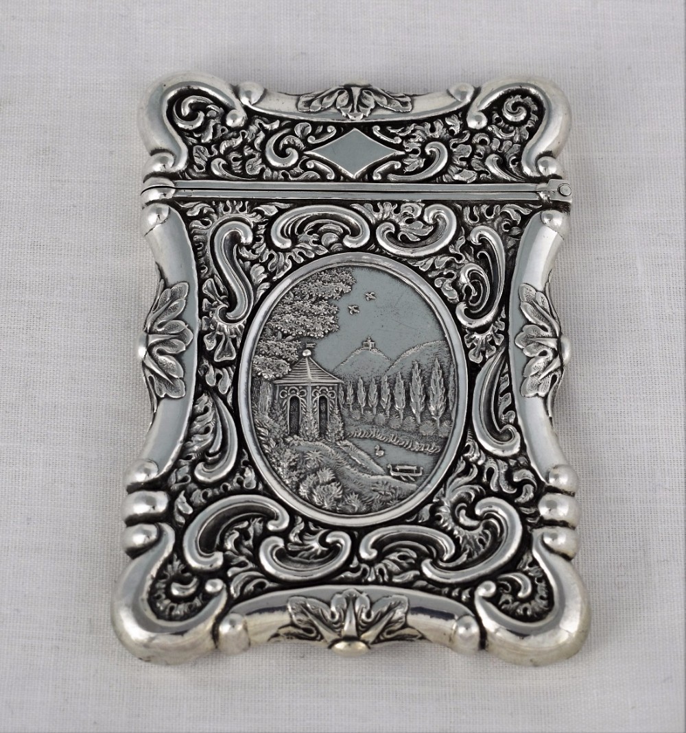 c.1900 American Sterling Silver Castle Top Style Card Case Oriental Scene