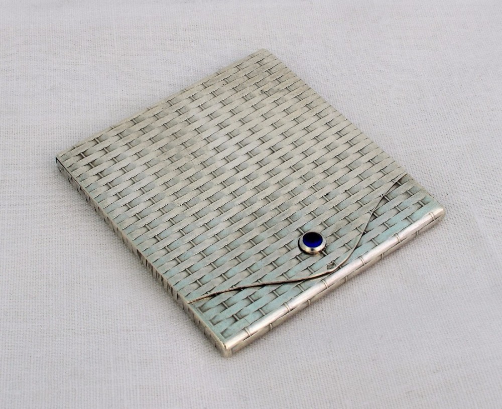 Pretty Silver Basket Weave Stamp Case Sapphire Clasp Continental Austria Hungary Import Possibly Russian