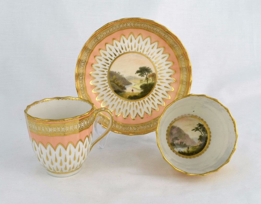 Early Derby Trio Zachariah Boreman Salmon Landscape Scenes 18thC Cup & Saucer Tea Bowl 118