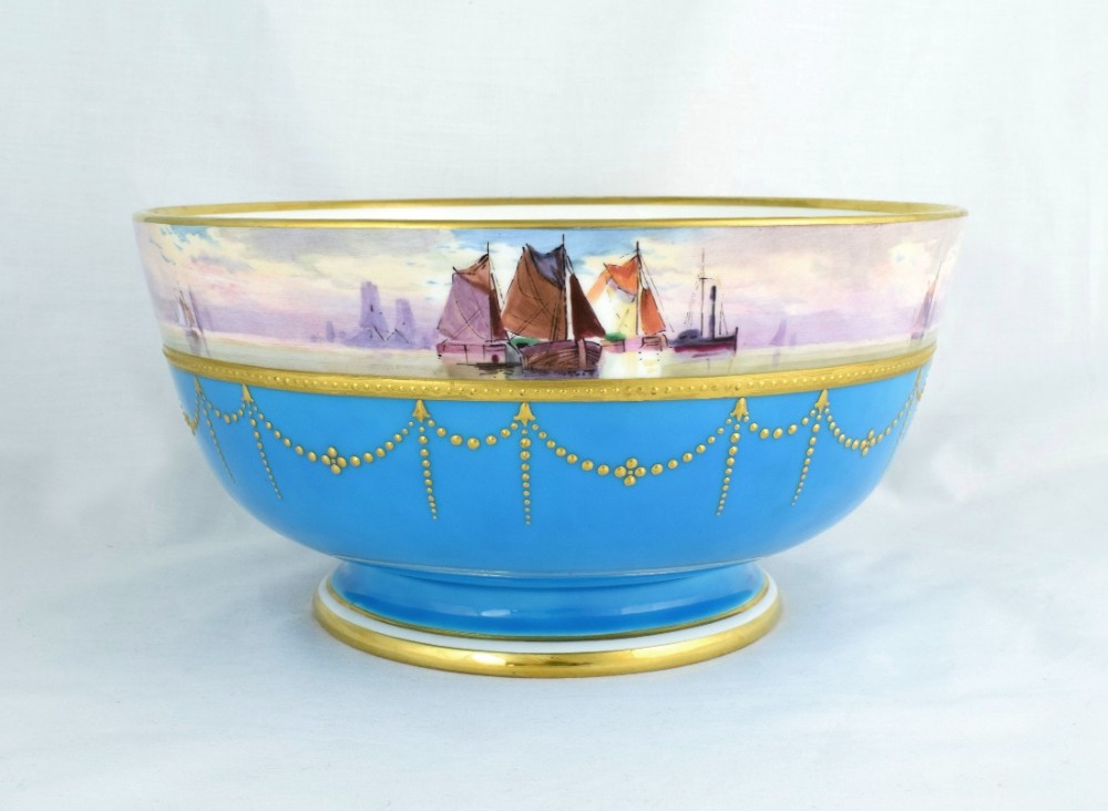 Large Minton Celeste Bleu Bowl Artist Signed James Edwin Dean Sailing Boats