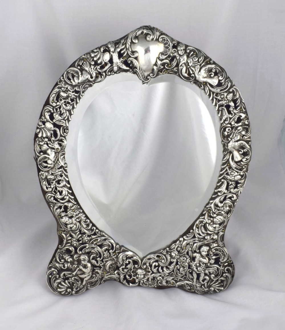 Large William Comyns Heart Shape Silver Dressing Table Mirror Edwardian