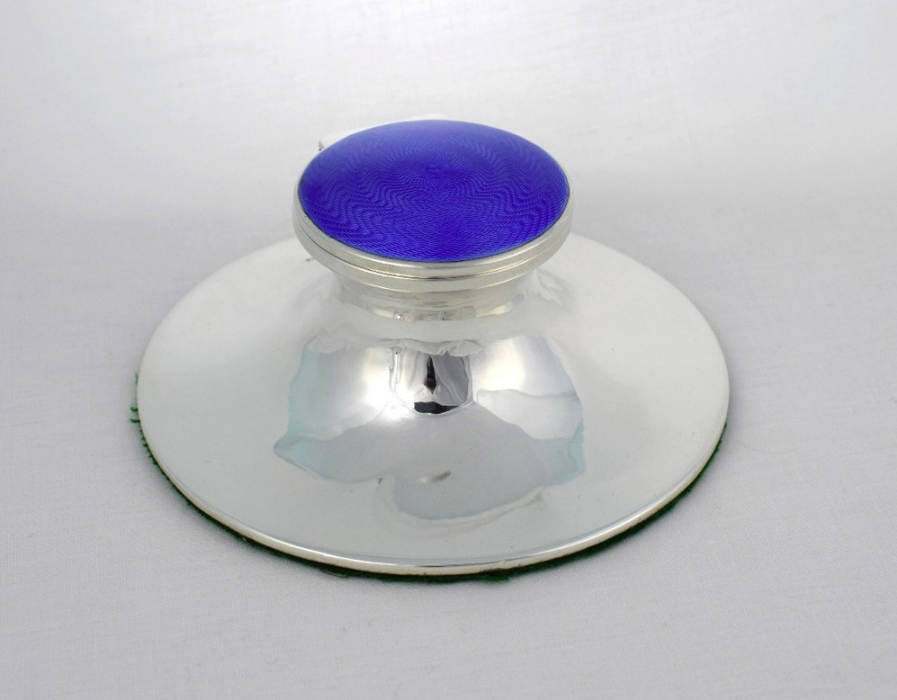 Large Deco Silver & Blue Guilloche Enamel Inkwell Henry Matthews 1921
