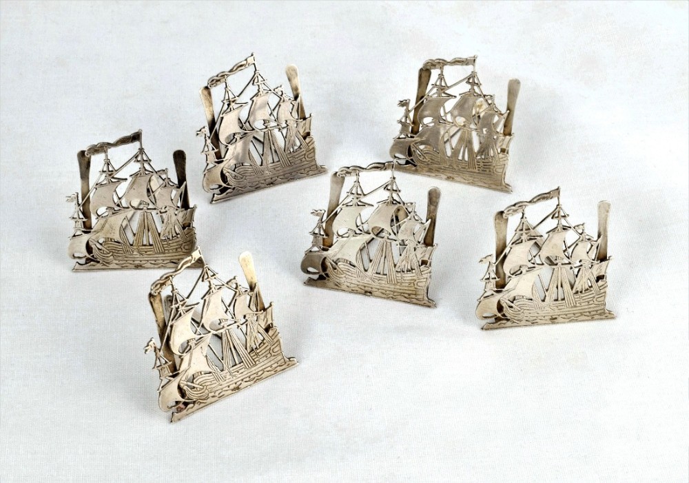 Set 6 Novelty Dutch Silver Menu Place Card Holders Galleon Ships