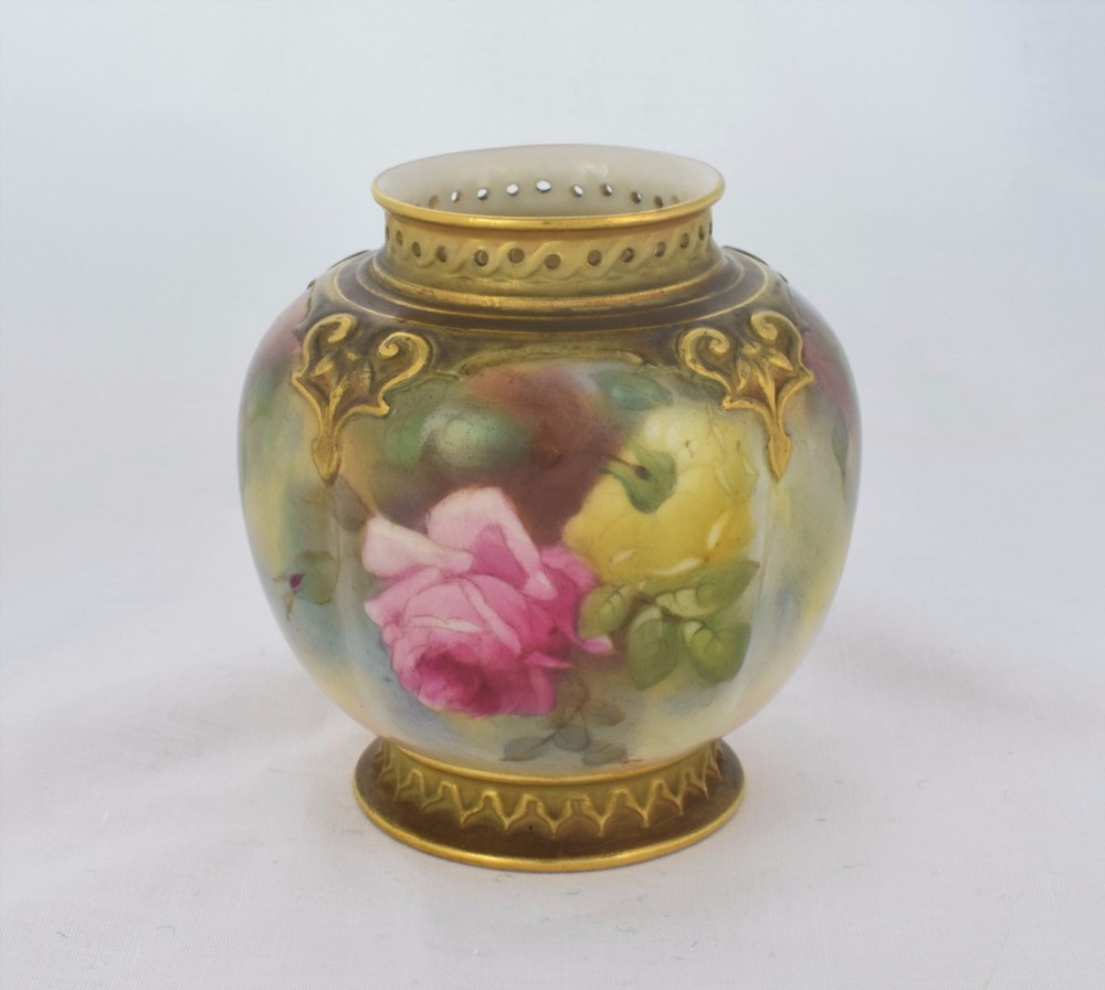 Royal Worcester Hadley Roses Style Melon Fluted Squat Vase 