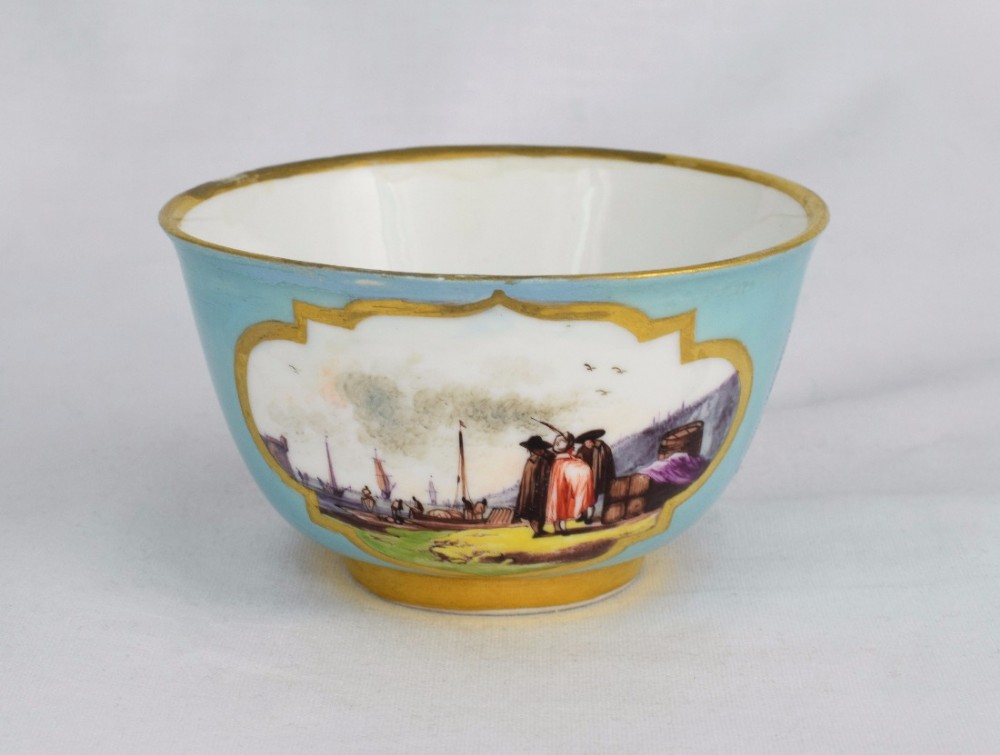 18th Century Meissen Tea Bowl c.1730 Kauffahrtei Harbour Scenes Turquoise Ground